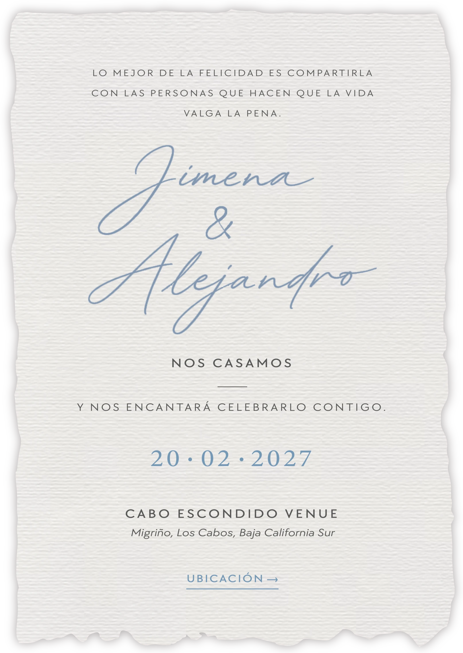 Jimena y Alejandro nos casamos. 20 de febrero de 2027, Cabo Escondido Venue, Migriño, Los Cabos, Baja California Sur.
